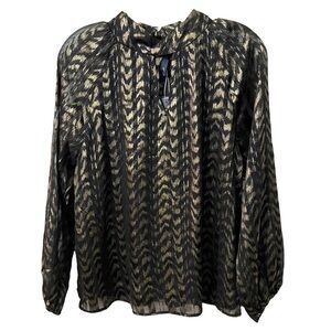 Eclair Metallic Black & Gold Zigzag Keyhole Twist Neck Blouse Size Small New
